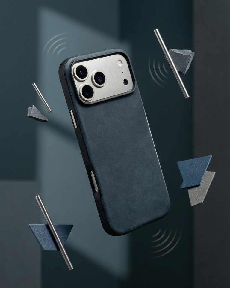 iPhone 17 Pro Hybrid Leather Cover in navy with Crazy Horse leather for enhanced durability and style