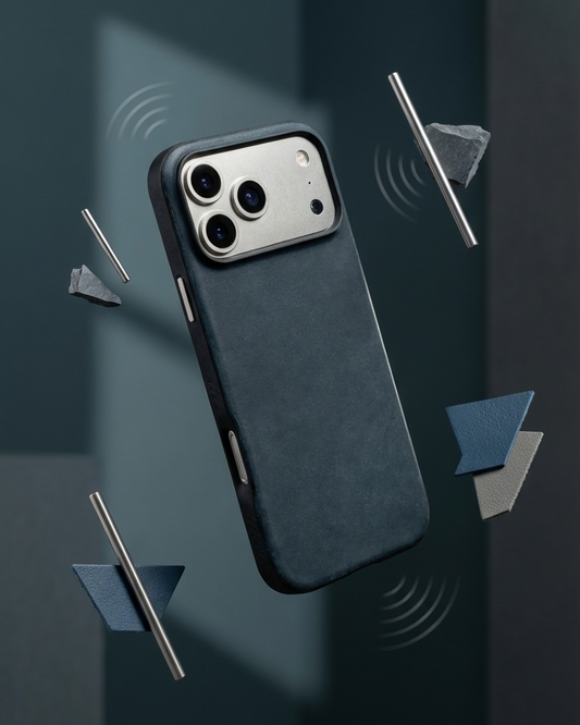 iPhone 17 Pro Hybrid Leather Cover in navy with Crazy Horse leather for enhanced durability and style