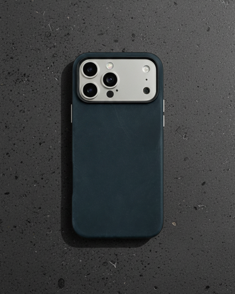 iPhone 17 Pro Hybrid Leather Cover in navy with Crazy Horse leather for durability and style.