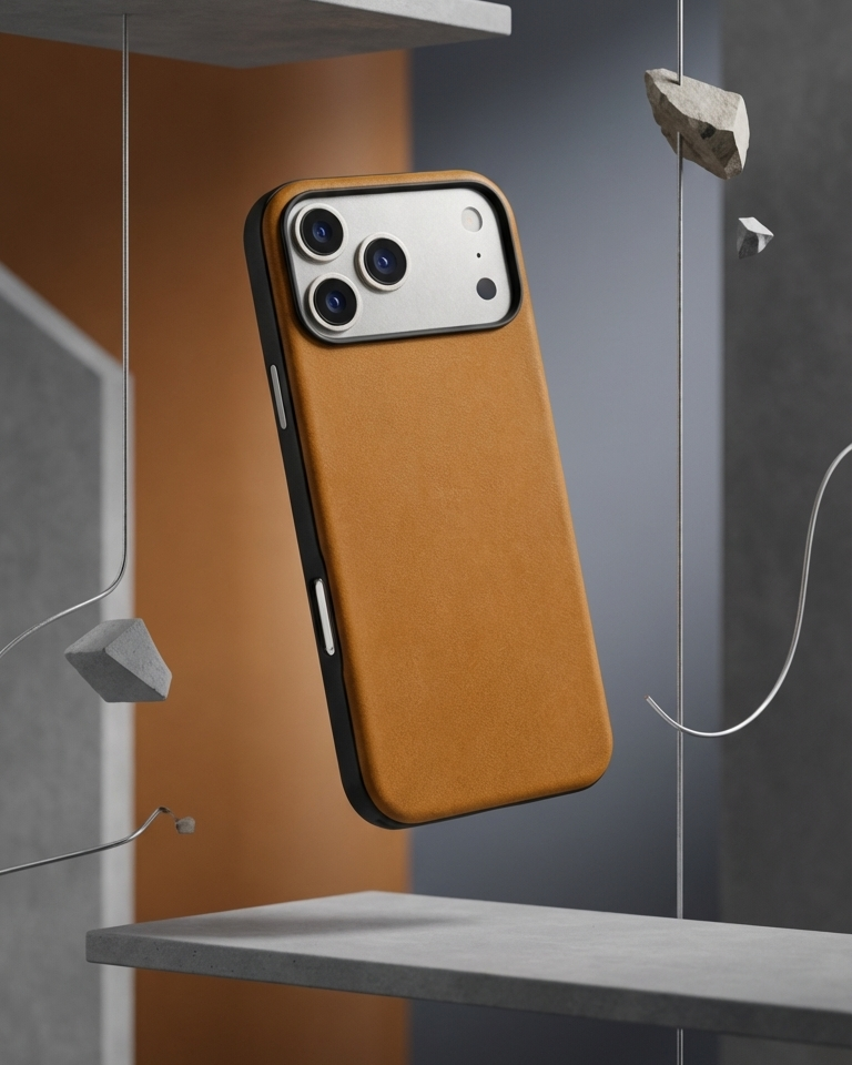 iPhone 17 Pro Hybrid Leather Cover in tan Crazy Horse leather with protective edges and camera cutout
