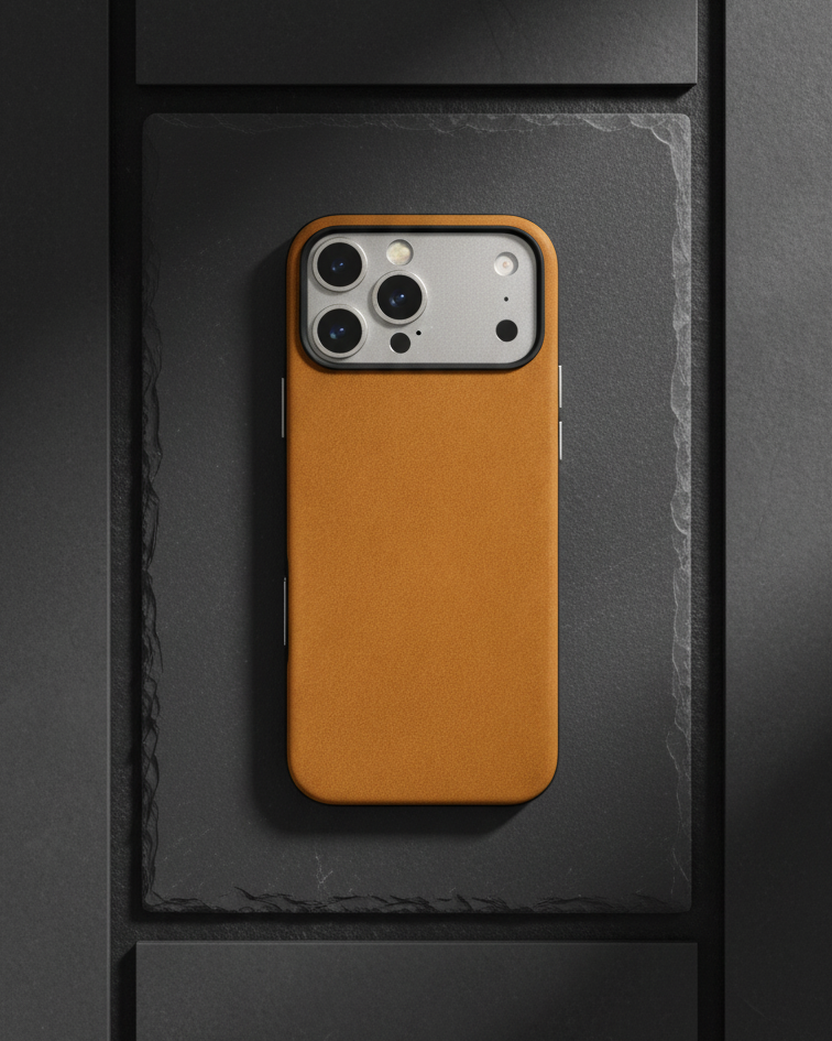 Tan iPhone 17 Pro Hybrid Leather Cover made from Crazy Horse leather with precise cutouts for camera and buttons