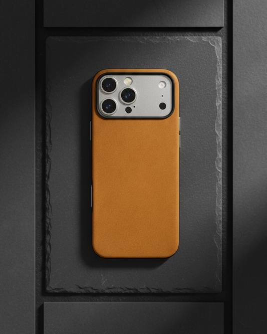 Tan iPhone 17 Pro Hybrid Leather Cover made from Crazy Horse leather with precise cutouts for camera and buttons
