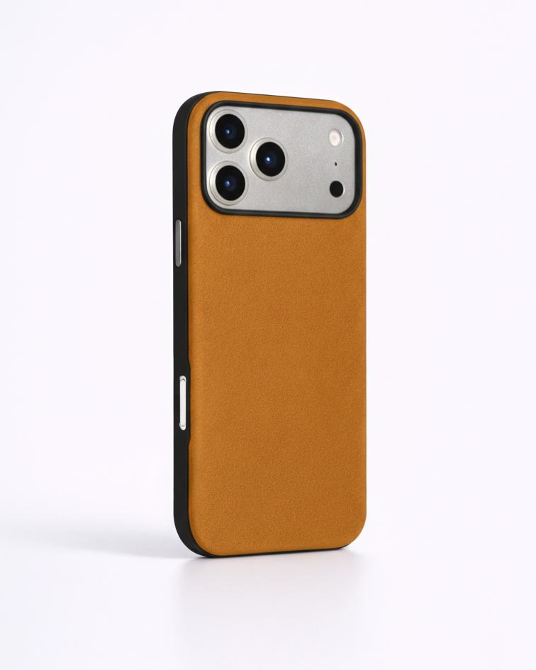 iPhone 17 Pro Hybrid Leather Cover in tan Crazy Horse leather with a sleek black frame