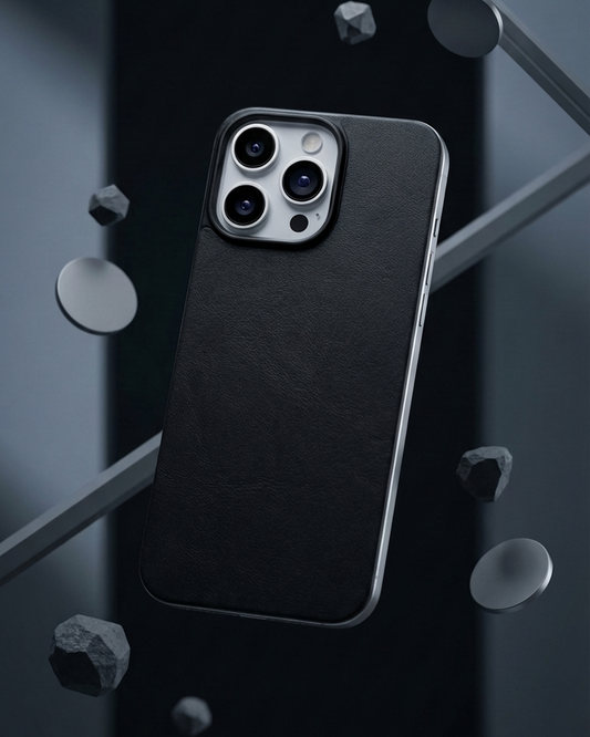 iPhone 16 Pro case in black Crazy Horse leather with magnetic attachment features