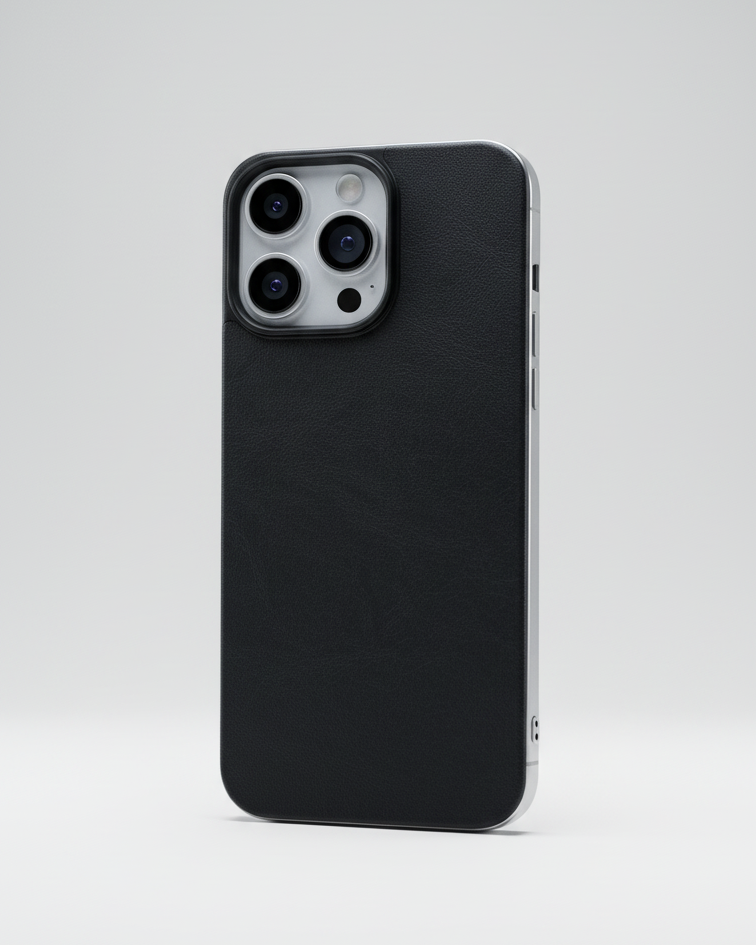 iPhone 16 Pro magnetic leather back case in black made of Crazy Horse leather with precise cutouts for camera and buttons