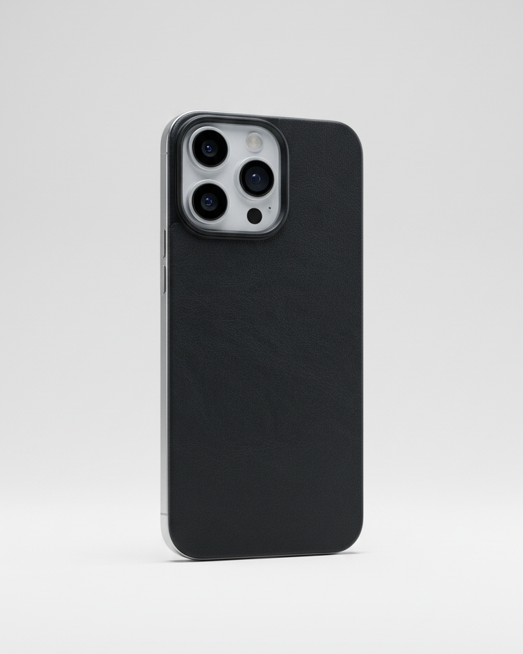 iPhone 16 Pro case in black Crazy Horse leather with magnetic attachment for secure fit