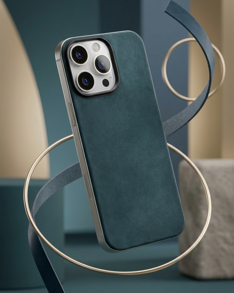 iPhone 16 Pro case in navy Crazy Horse leather with magnetic back design on a modern display