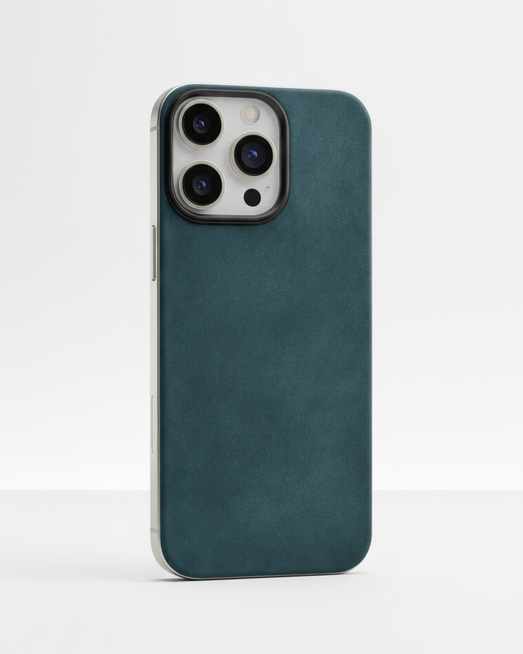 iPhone 16 Pro case in navy with Crazy Horse leather and magnetic back for easy attachment