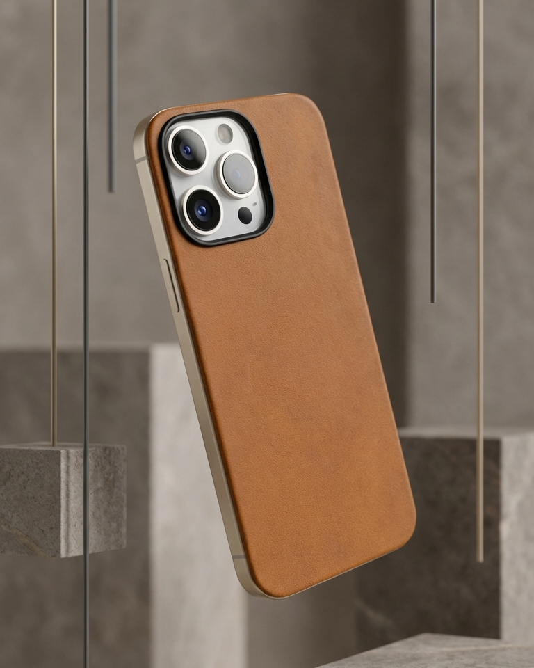 iPhone 16 Pro magnetic leather back case in tan Crazy Horse leather with precise cutouts for camera and buttons