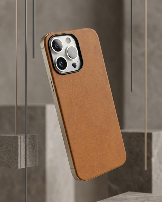 iPhone 16 Pro magnetic leather back case in tan Crazy Horse leather with precise cutouts for camera and buttons