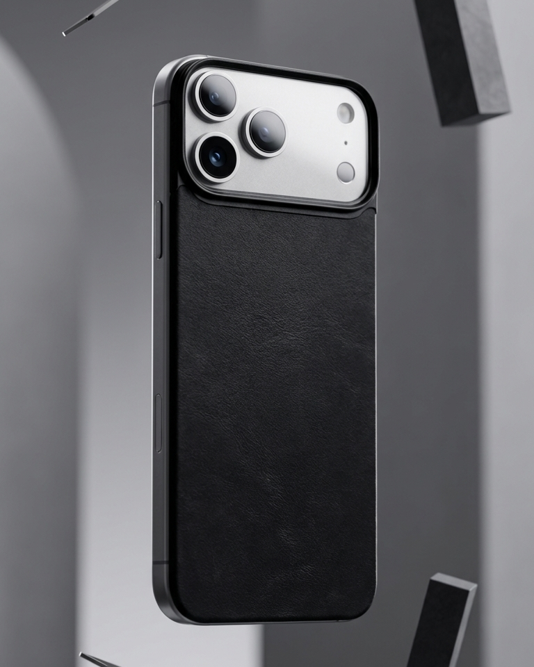 iPhone 17 Pro with Crazy Horse leather magnetic back in black color, showcasing the camera and sleek design.