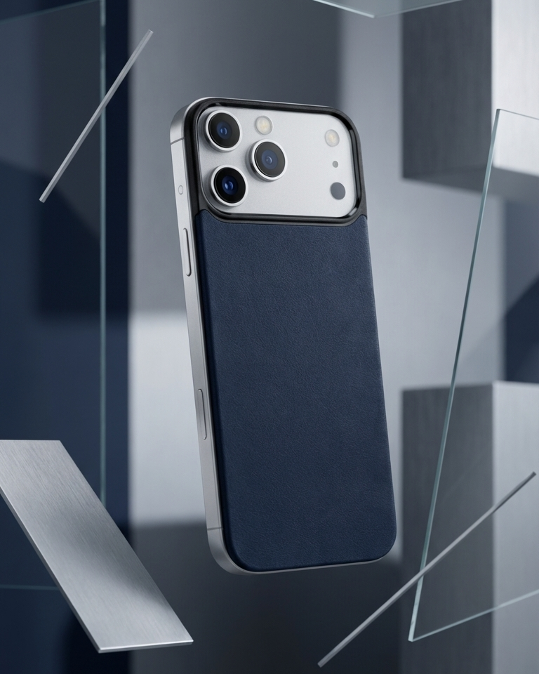 iPhone 17 Pro magnetic leather back in navy Crazy Horse leather with sleek design and precise cutouts