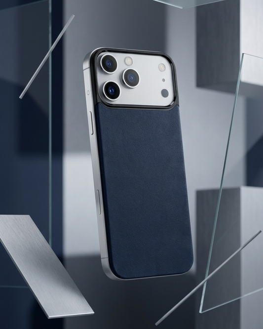 iPhone 17 Pro magnetic leather back in navy Crazy Horse leather with sleek design and precise cutouts