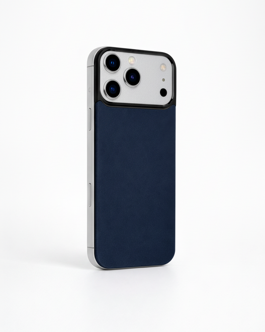 iPhone 17 Pro with navy Crazy Horse leather magnetic back and camera cutout on a white background