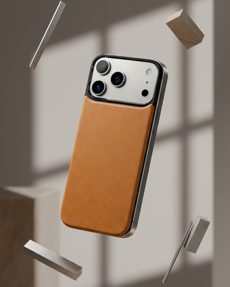 iPhone 17 Pro with Crazy Horse leather back in tan, featuring a magnetic attachment for easy use