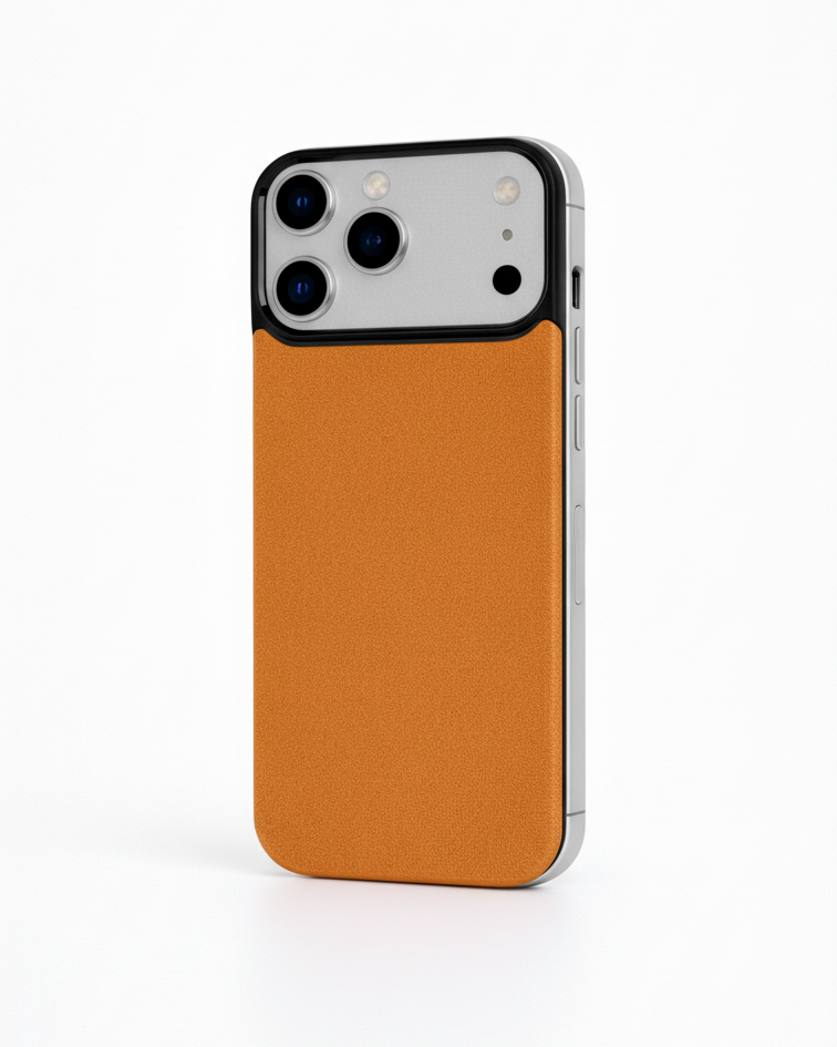 iPhone 17 Pro with magnetic back in Crazy Horse leather, featuring a tan color and sleek design.
