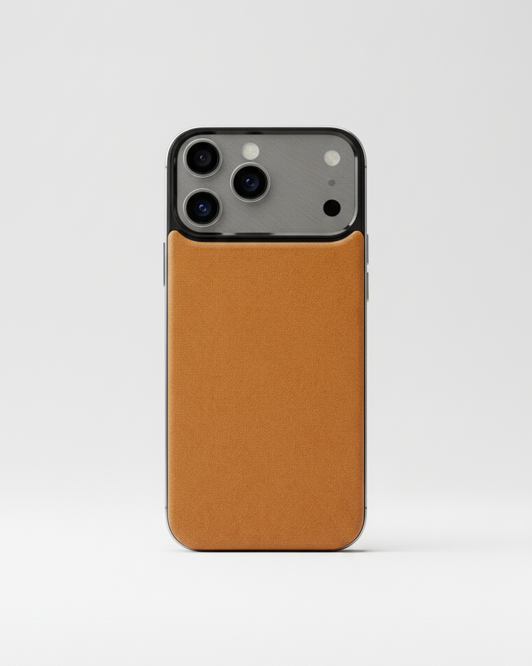 iPhone 17 Pro with Crazy Horse leather magnetic back in tan color, designed for easy attachment and protection.