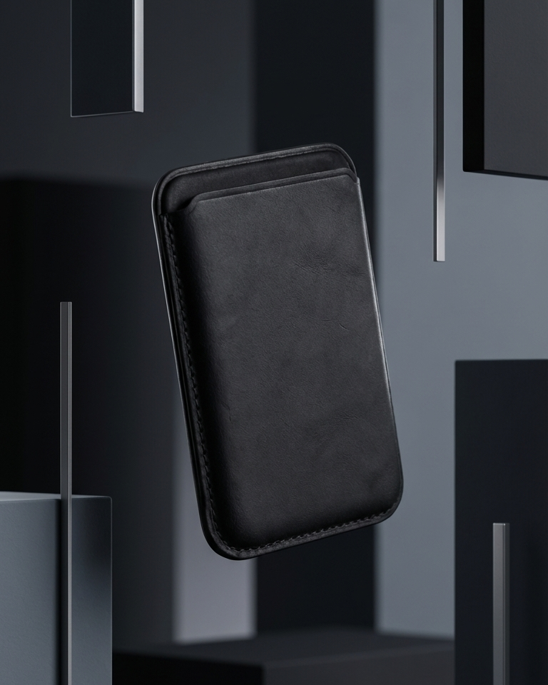 MagSafe Leather Wallet in black made from Crazy Horse leather with a slim design for iPhone models