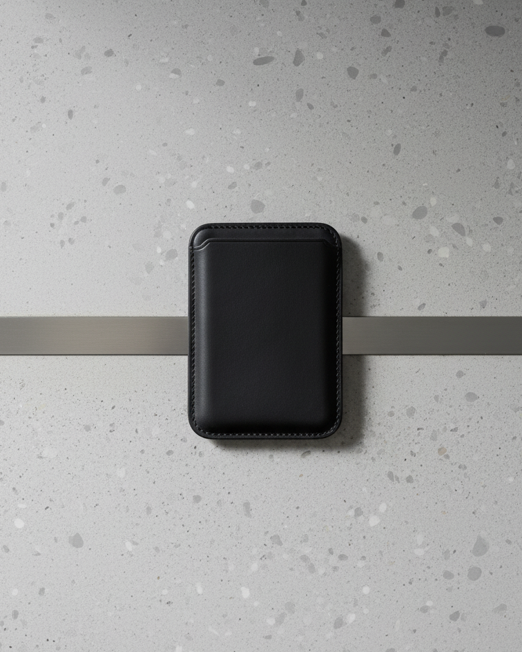 Black MagSafe Leather Wallet made of Crazy Horse leather, designed for iPhone 16 and 17 models.