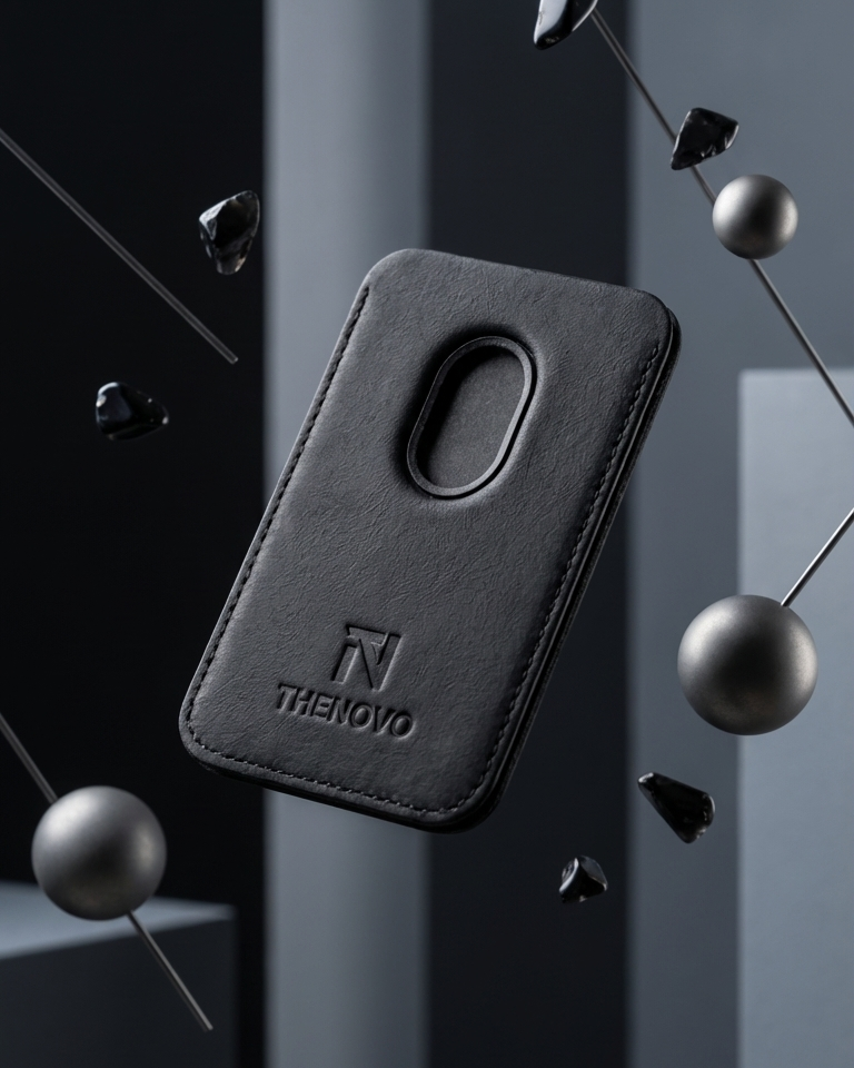Black MagSafe Leather Wallet made from Crazy Horse leather with a sleek design for iPhone models.