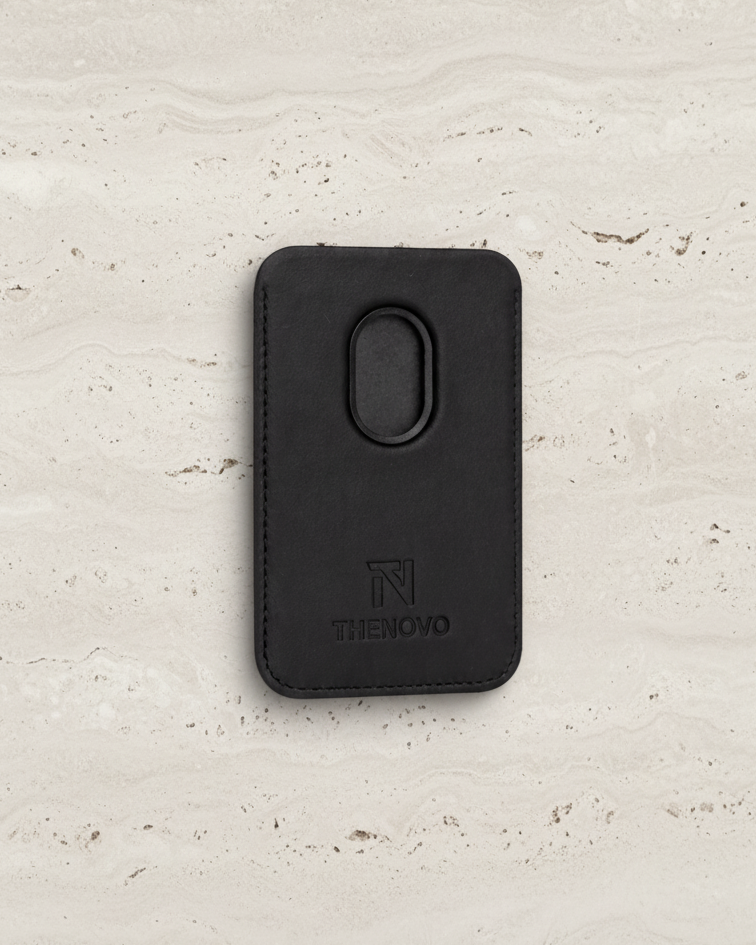 Black MagSafe Leather Wallet made from Crazy Horse leather with a sleek design for iPhone models