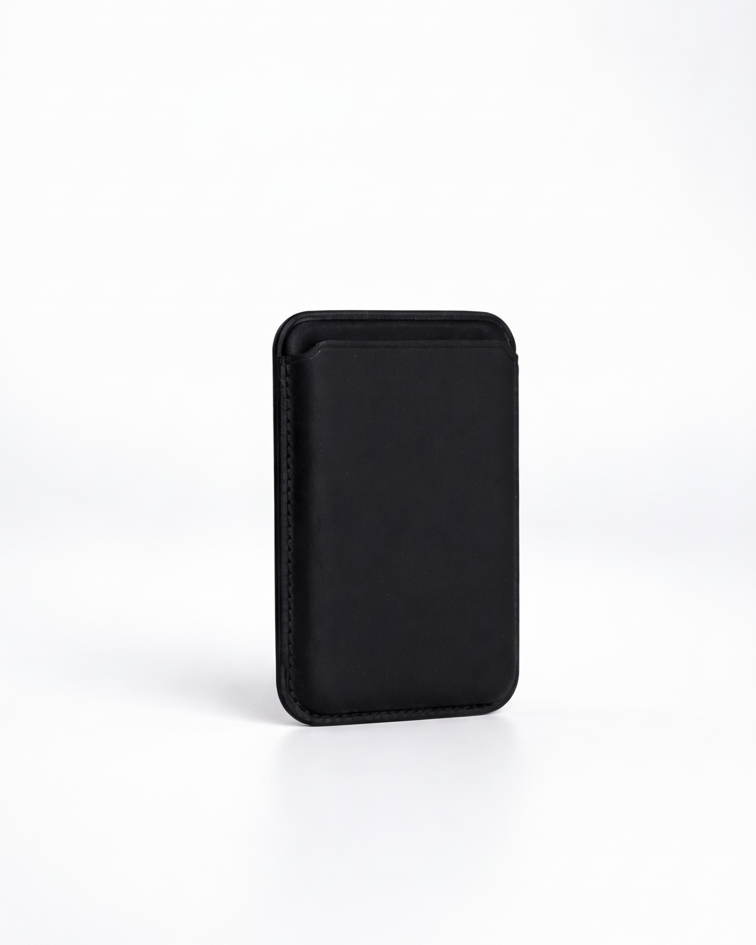 Black MagSafe Leather Wallet made from Crazy Horse leather with a sleek design for iPhone models