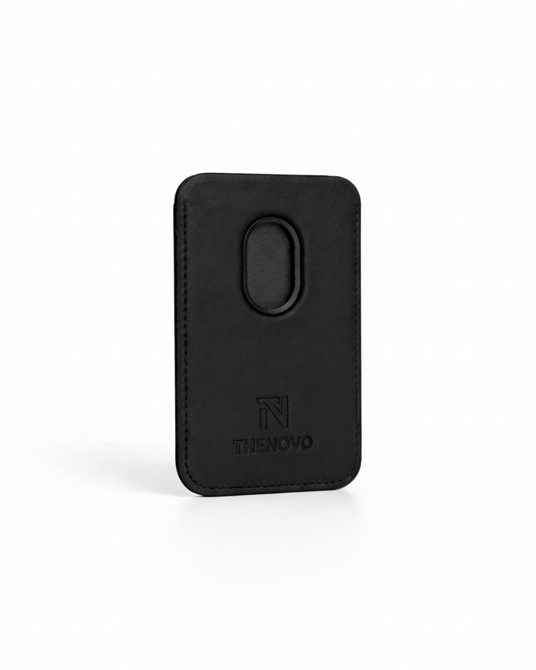 Black MagSafe Leather Wallet made of Crazy Horse leather with a sleek design and logo detail