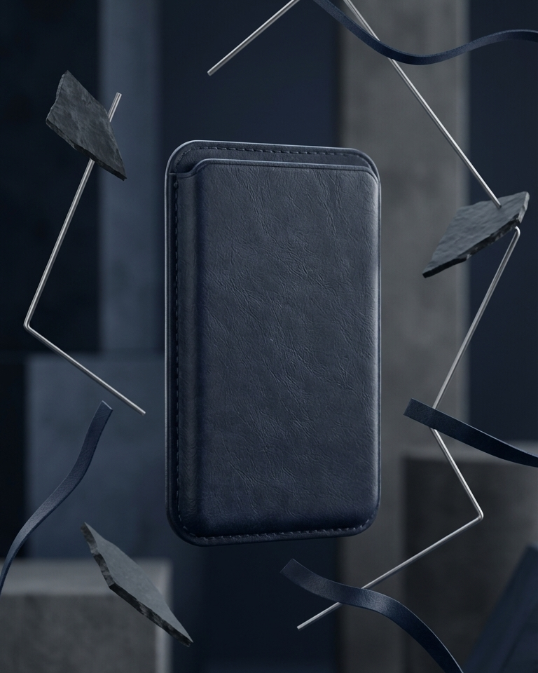 MagSafe Leather Wallet in navy made from Crazy Horse leather with a sleek design for iPhone compatibility