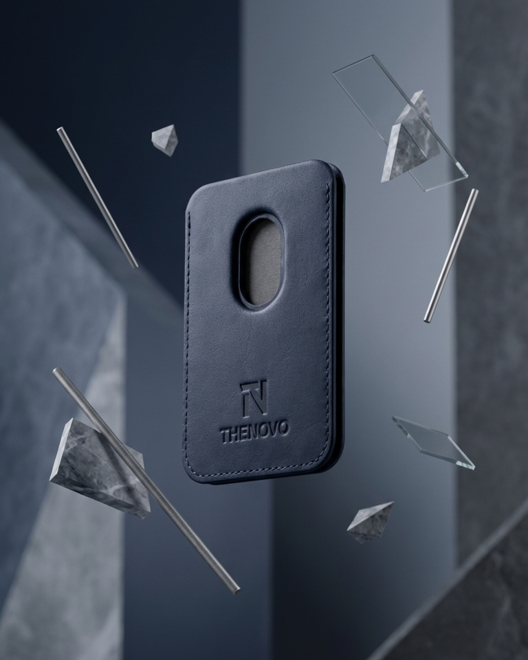 Navy MagSafe leather wallet made from Crazy Horse leather with a sleek design, suitable for iPhone models.