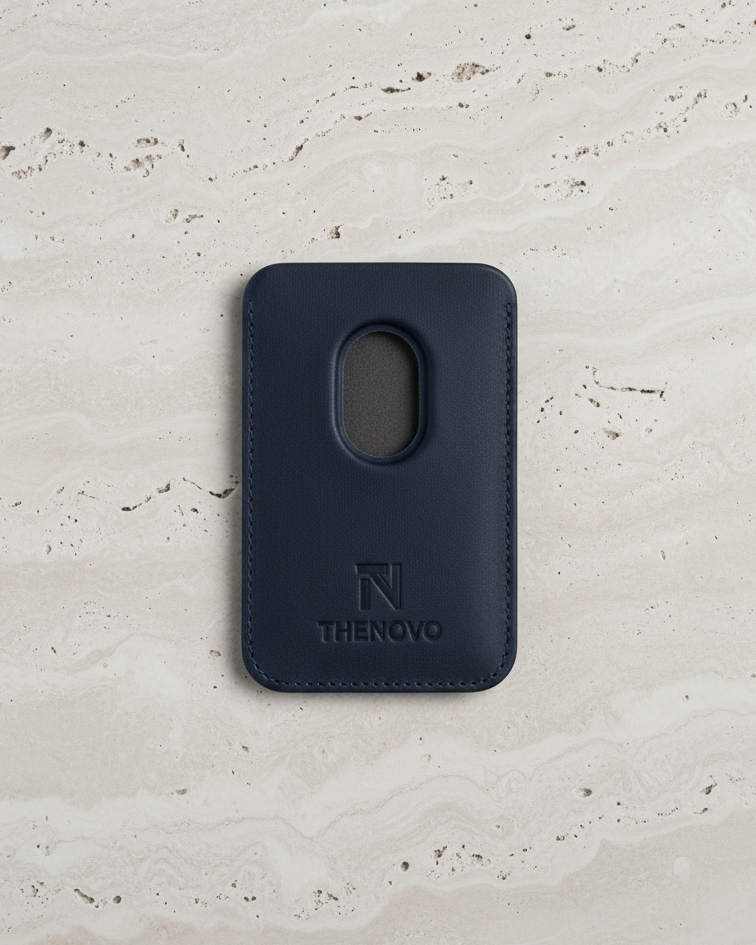 Navy MagSafe leather wallet made from Crazy Horse leather with a cutout for easy access to cards