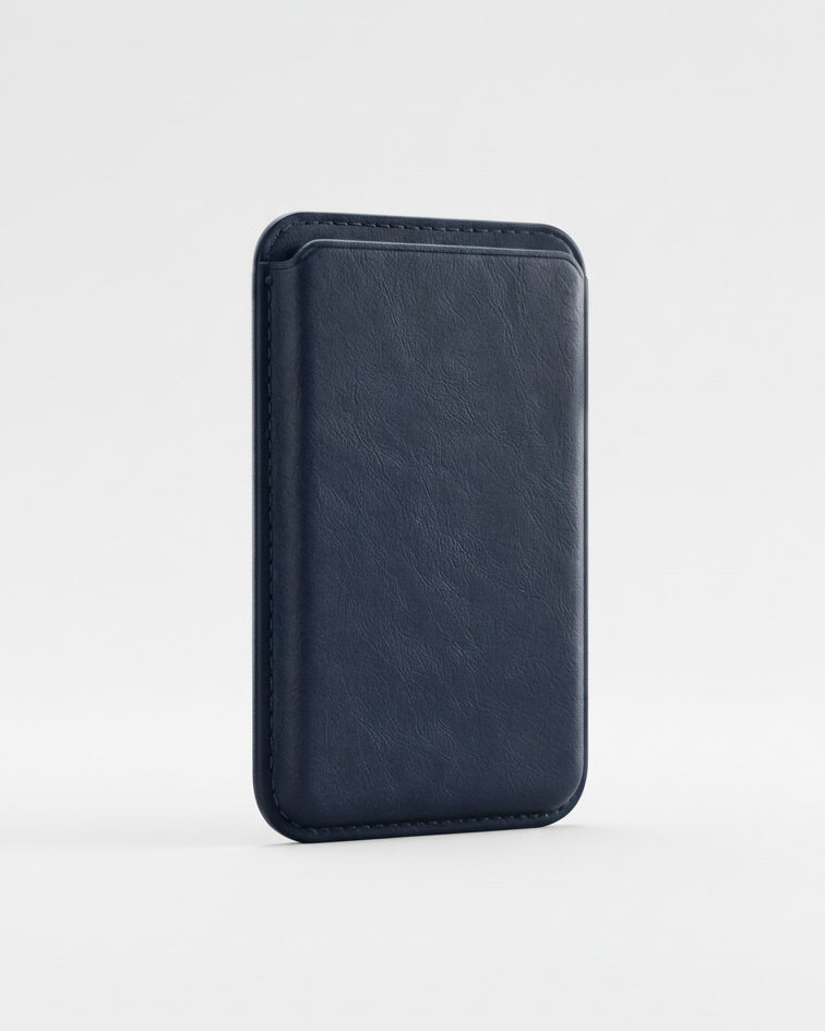 Navy MagSafe leather wallet made from Crazy Horse leather with a slim design for iPhone models.