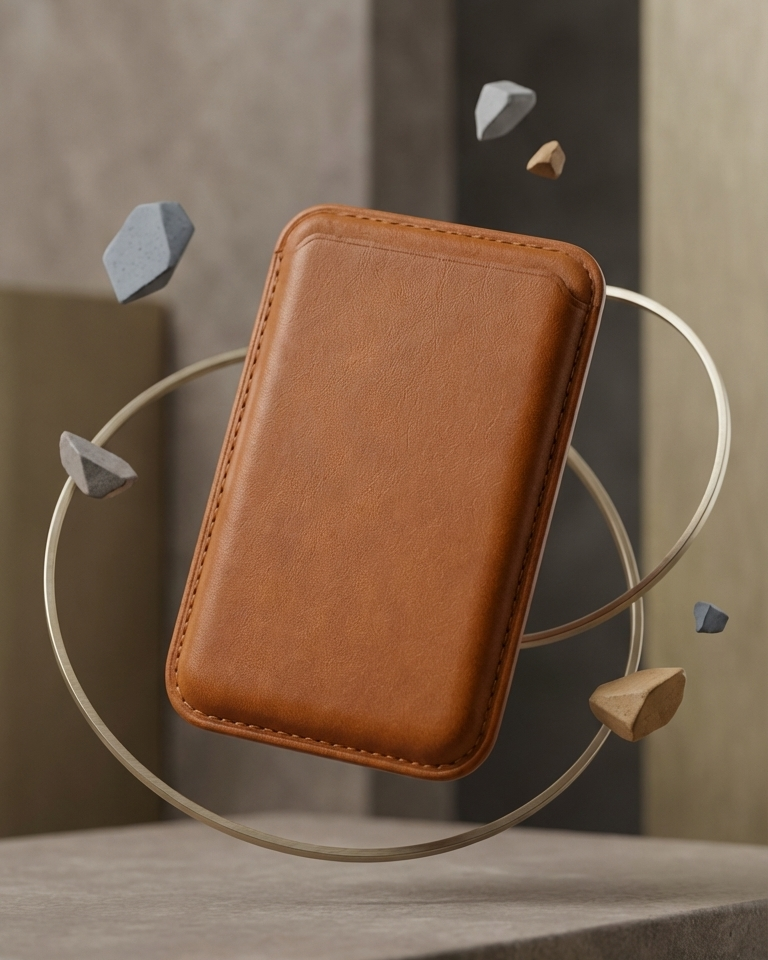 MagSafe Leather Wallet in tan Crazy Horse leather with a sleek design, suitable for iPhone 16 and 17 models.