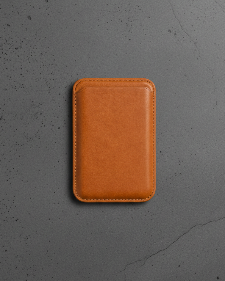MagSafe Leather Wallet in Crazy Horse leather, featuring a sleek tan design for iPhone models.