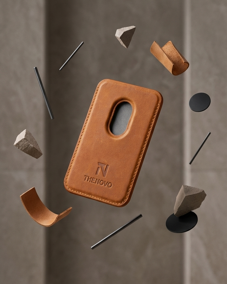 Tan MagSafe Leather Wallet made of Crazy Horse leather with a sleek design and cutout for easy access.