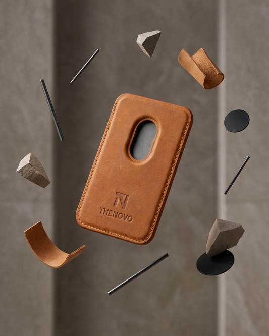Tan MagSafe Leather Wallet made of Crazy Horse leather with a sleek design and cutout for easy access.