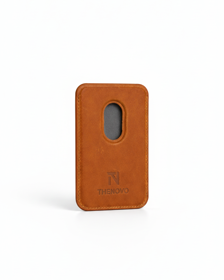 Tan MagSafe leather wallet made from Crazy Horse leather with a cut-out for easy card access.