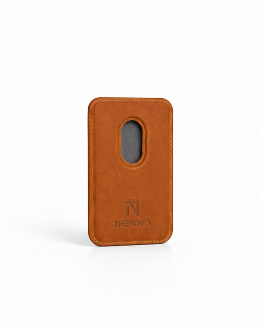 Tan MagSafe leather wallet made from Crazy Horse leather with a cut-out for easy card access.