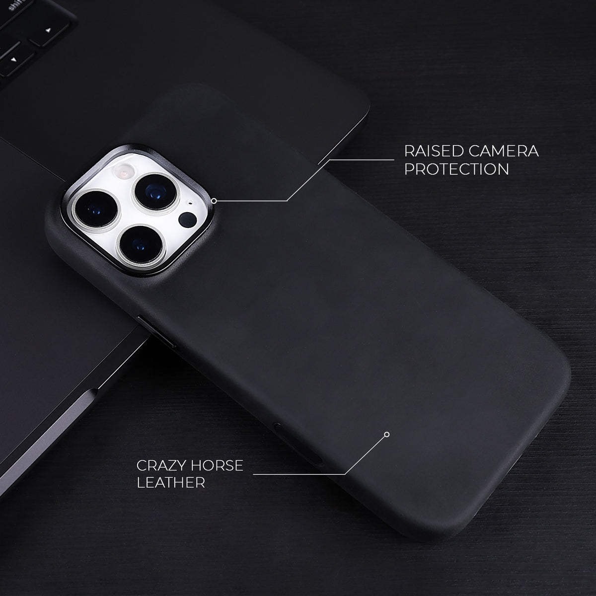 Black Crazy Horse full leather cover for iPhone 16 Pro Max and 16 Pro, on a dark desk