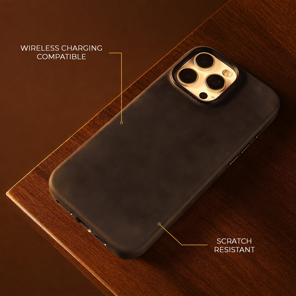Black Crazy Horse full leather cover for iPhone 16 Pro Max and 16 Pro, on a wooden table