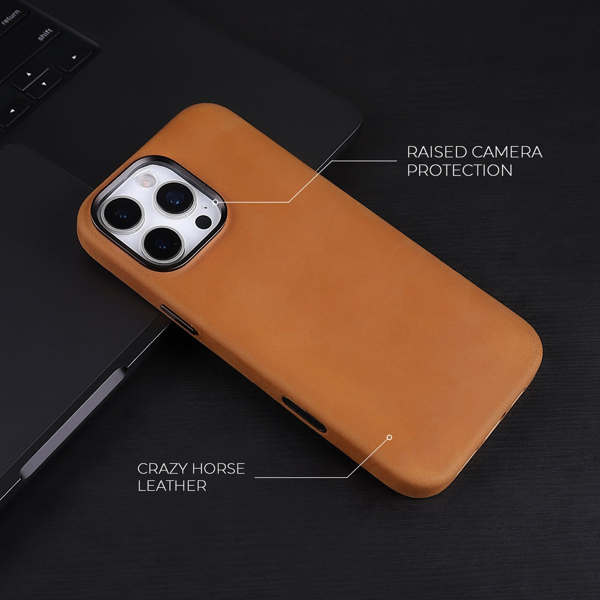 Tan Crazy Horse full leather cover for iPhone 16 Pro Max and 16 Pro, on a dark desk