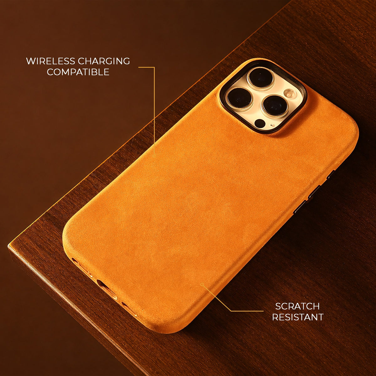 Tan Crazy Horse full leather cover for iPhone 16 Pro Max and 16 Pro, on a wooden table