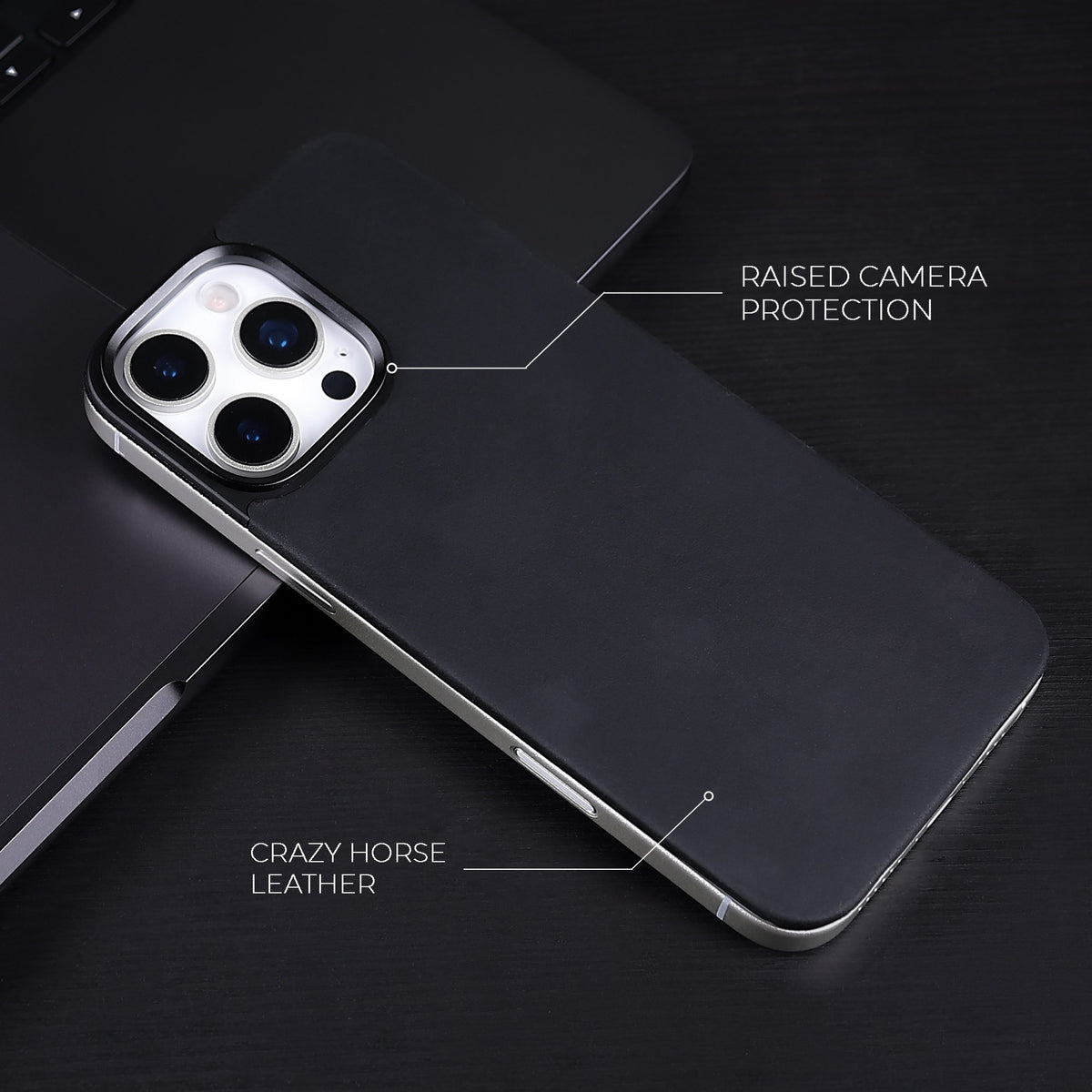 Black Crazy Horse magnetic leather back for iPhone 16 Pro Max and 16 Pro, on a dark desk