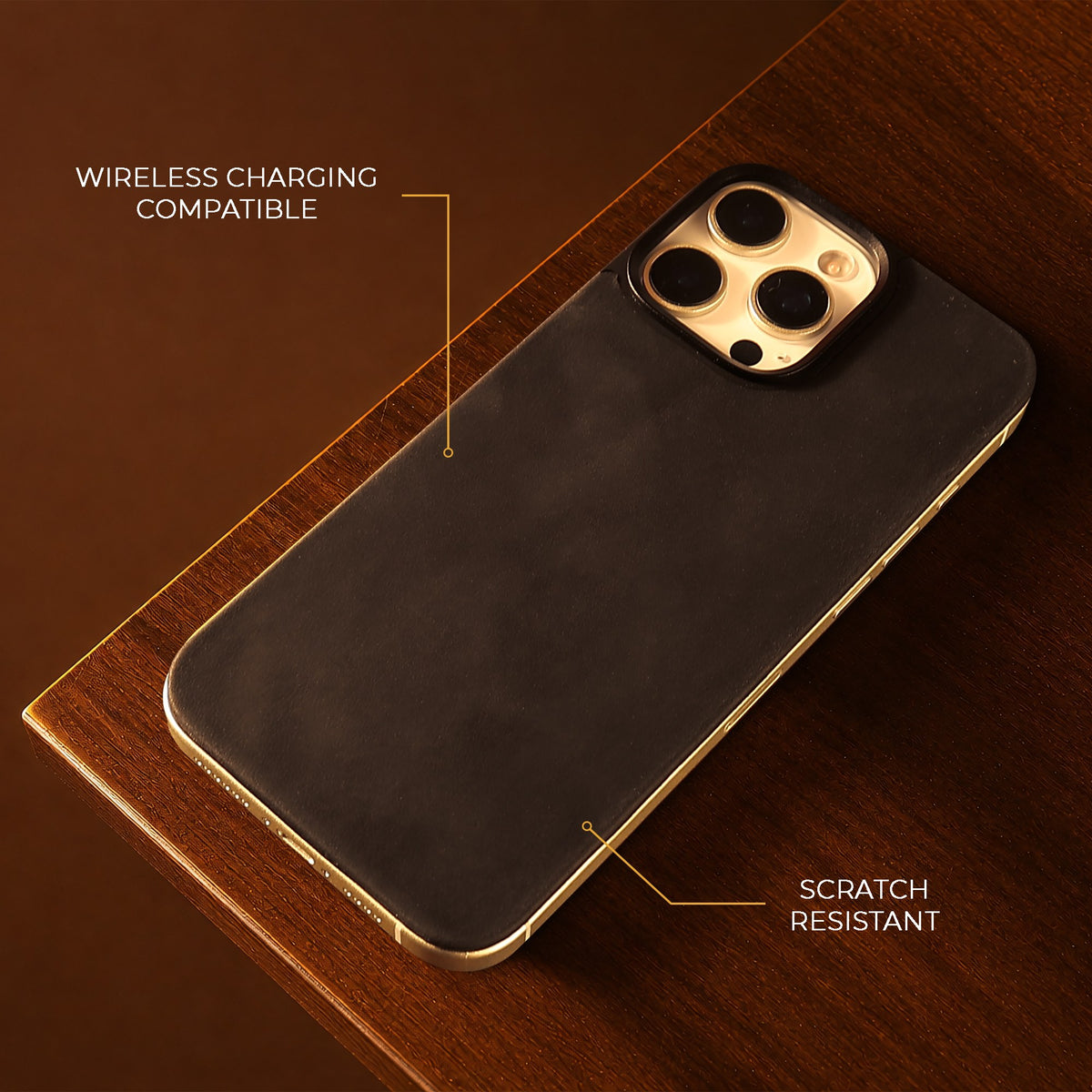 Black Crazy Horse magnetic leather back for iPhone 16 Pro Max and 16 Pro, on a wooden table