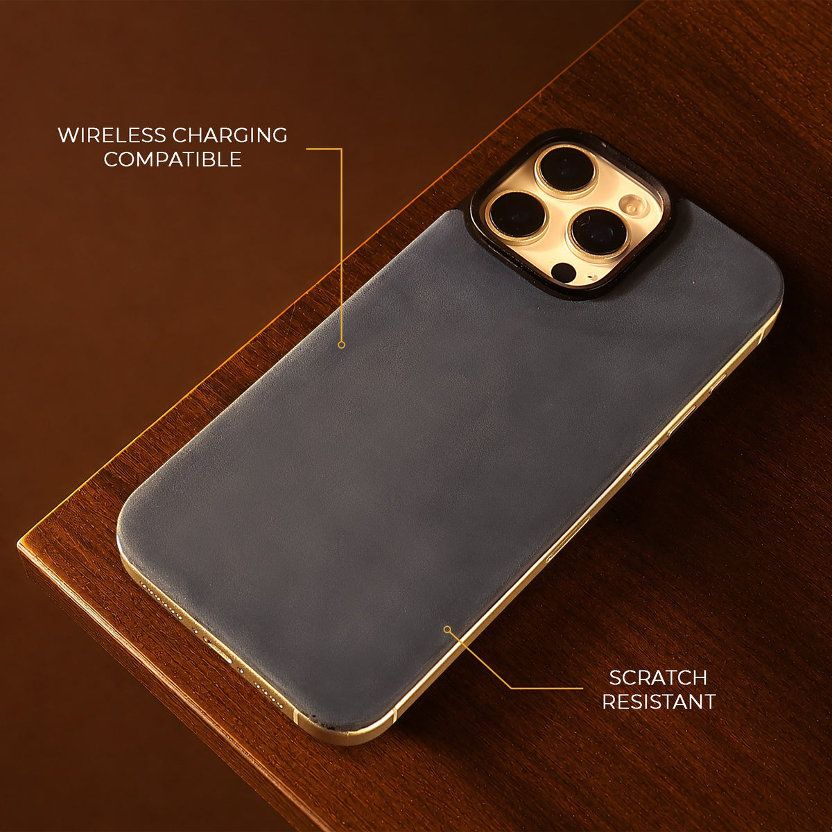 Navy Crazy Horse magnetic leather back for iPhone 16 Pro Max and 16 Pro, on a wooden table