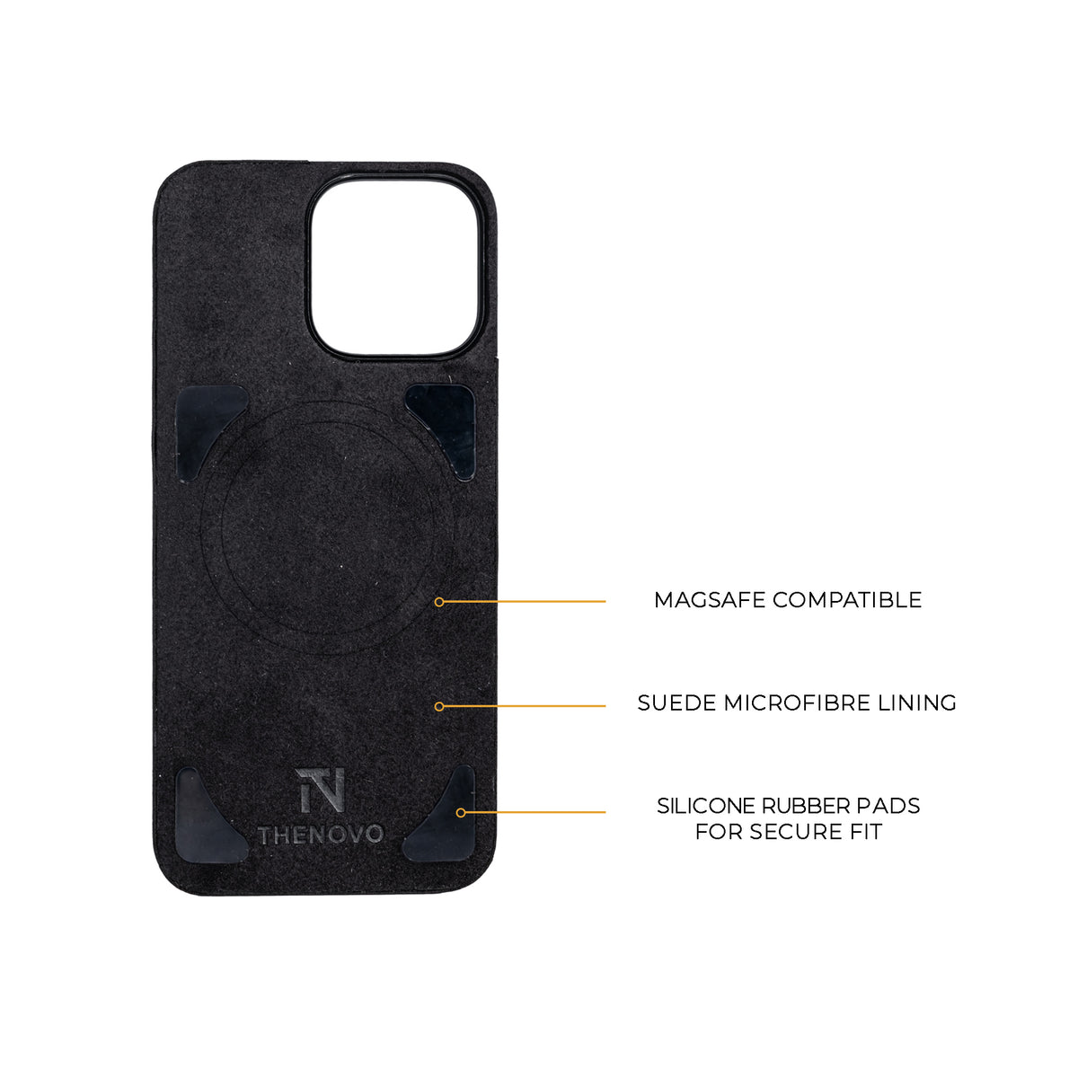 Inside of the THENOVO magnetic leather back for iPhone 16 Pro Max and 16 Pro, suede microfibre lining