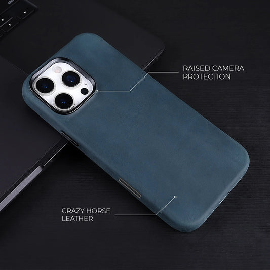 Navy Crazy Horse full leather cover for iPhone 16 Pro, on a dark desk