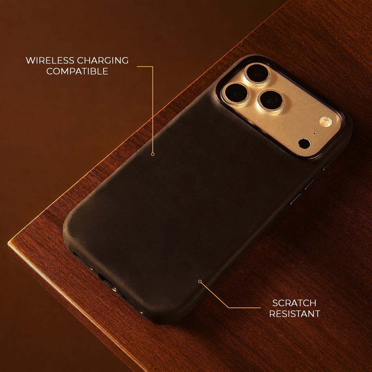 Black Crazy Horse full leather cover for iPhone 17 Pro Max, 17 Pro, 18 Pro Max and 18 Pro, on a wooden table