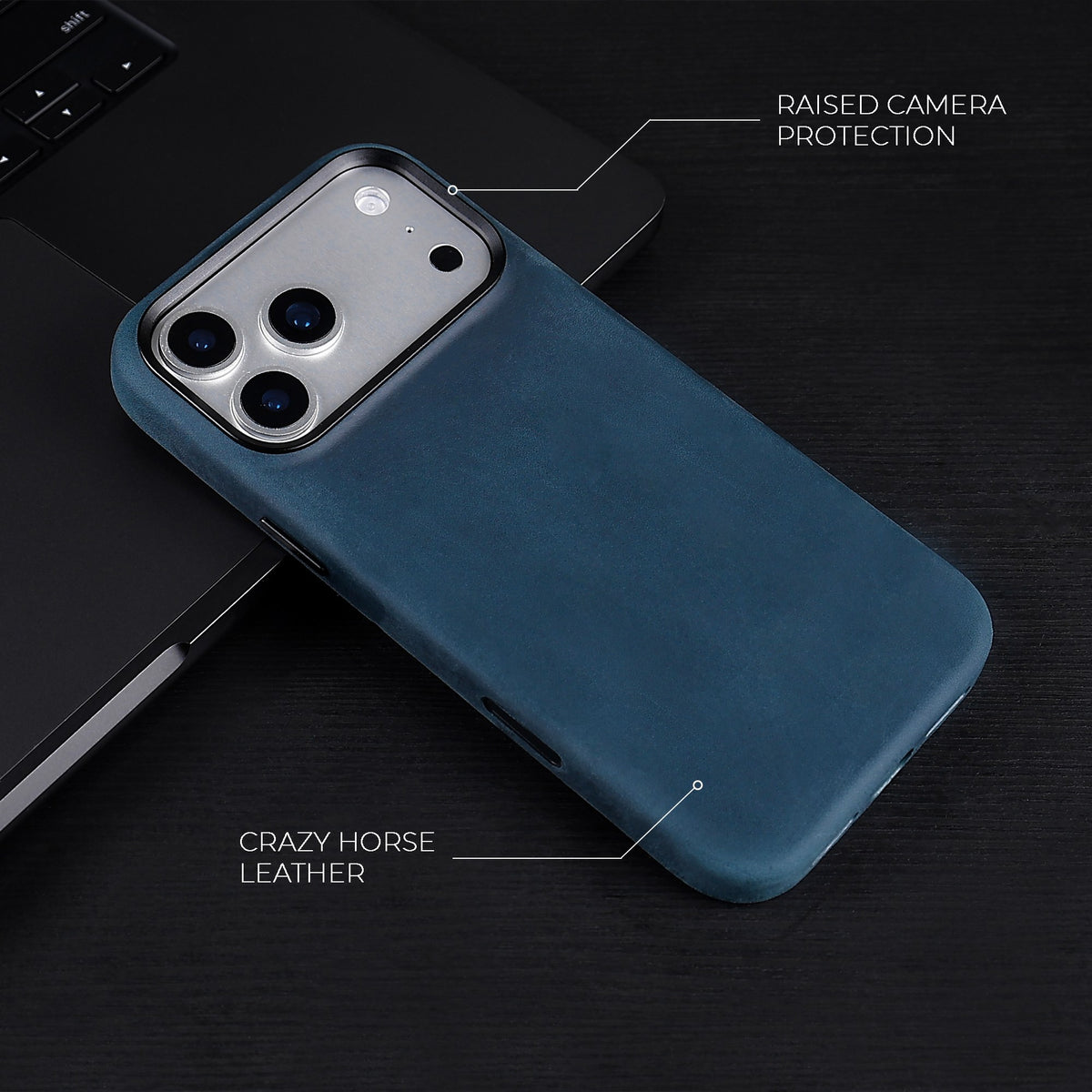 Navy Crazy Horse full leather cover for iPhone 17 Pro Max, 17 Pro, 18 Pro Max and 18 Pro, on a dark desk