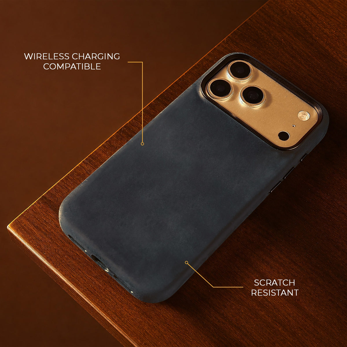 Navy Crazy Horse full leather cover for iPhone 17 Pro Max, 17 Pro, 18 Pro Max and 18 Pro, on a wooden table