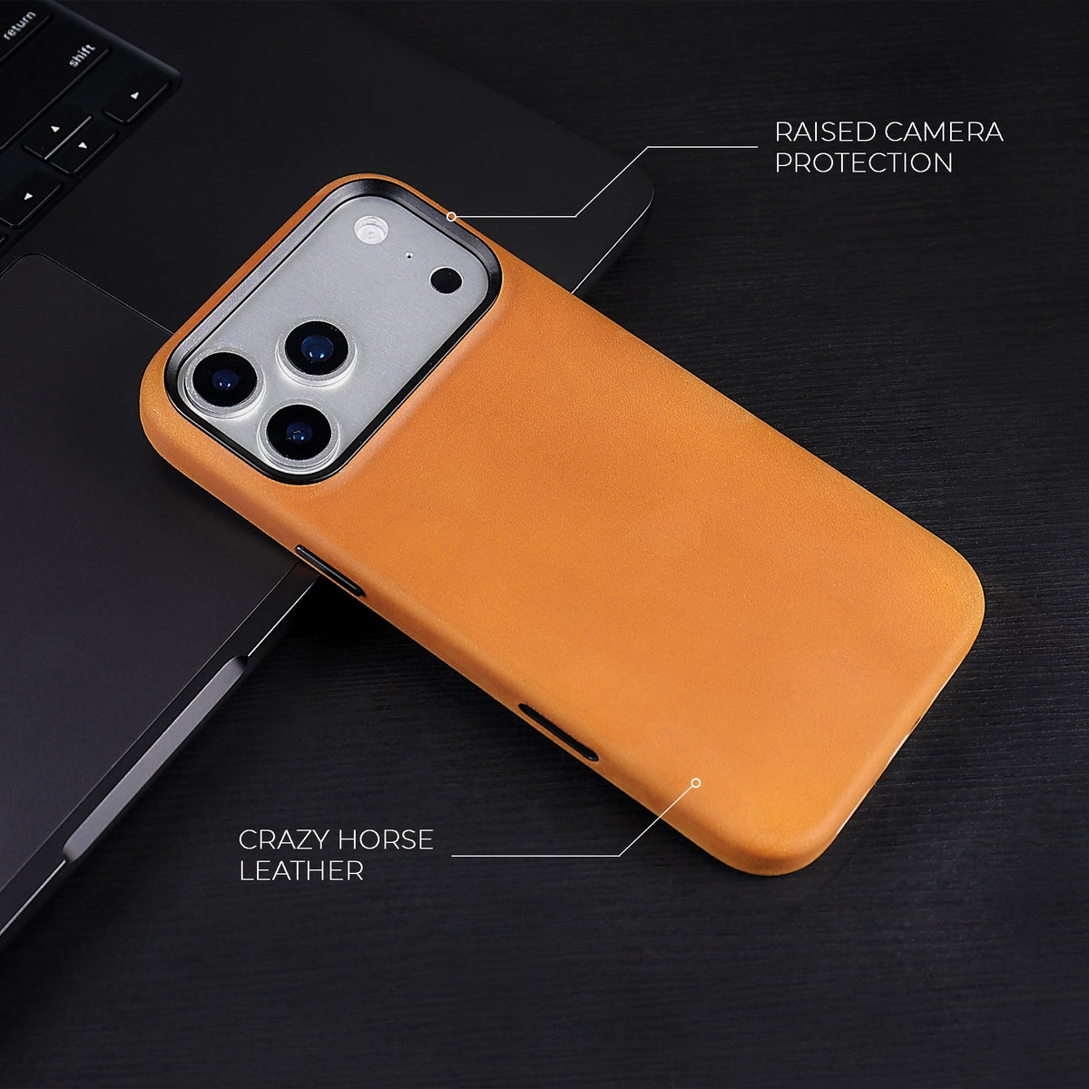 Tan Crazy Horse full leather cover for iPhone 17 Pro Max, 17 Pro, 18 Pro Max and 18 Pro, on a dark desk